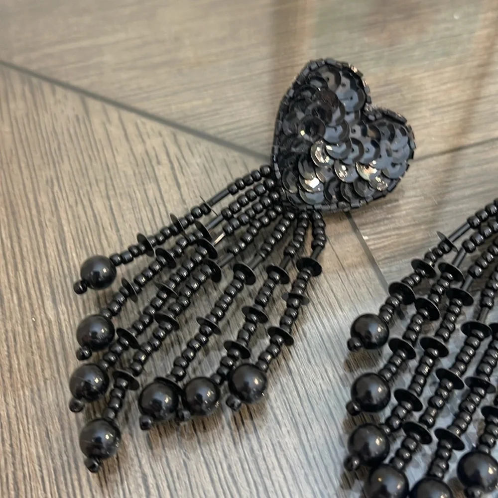 Vintage 80’s Black Sequin & Beaded Heart Clip Earrings